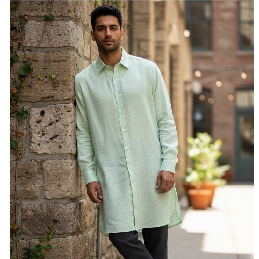 Sojanya Mens Long Kurta Light Green Button Down Shirt Ethnic Wear Size 36